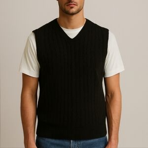 Geoffrey Beene Pullover V-Neck Cable Print Front Vest Black Large